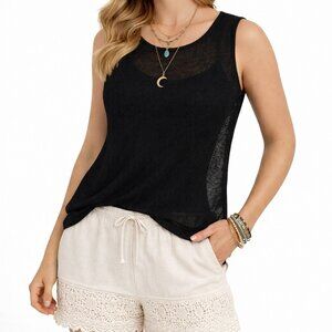 Escada Sport Sheer Knit Top Small Black 100% Cotton Lightweight Vintage Boho